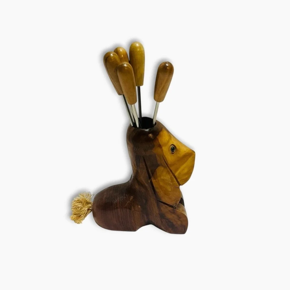 Vintage Wood Dog Bunny Hors D'oeuvres Olive Cocktail Picks Holder Forks Barware